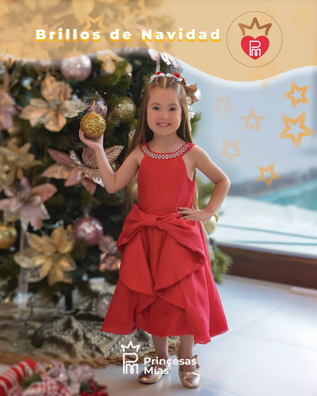 Vestido rojo de gala con lazo XL y falda asimétrica – Colección Brillos de Navidad